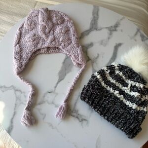 Pink Knit Earflap Hat and Black Striped Beanie